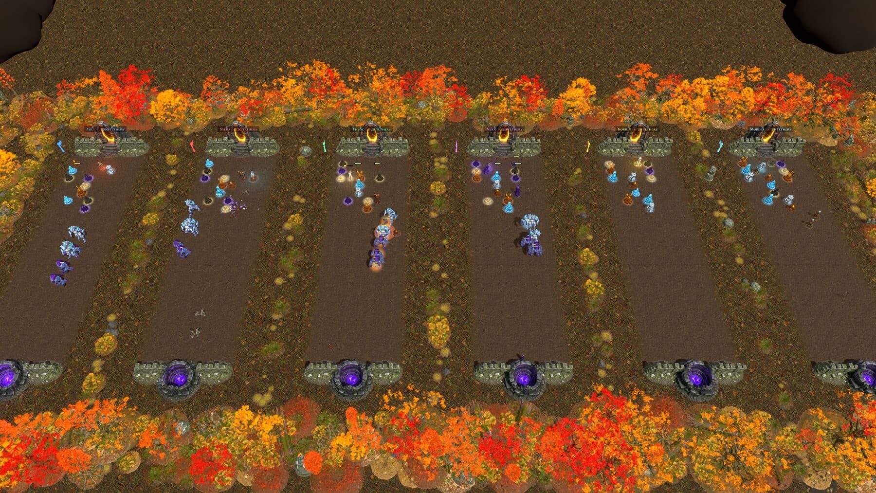 Line Tower Wars gameplay showing elemental towers and opposing warbands across parallel lanes in an autumn forest.