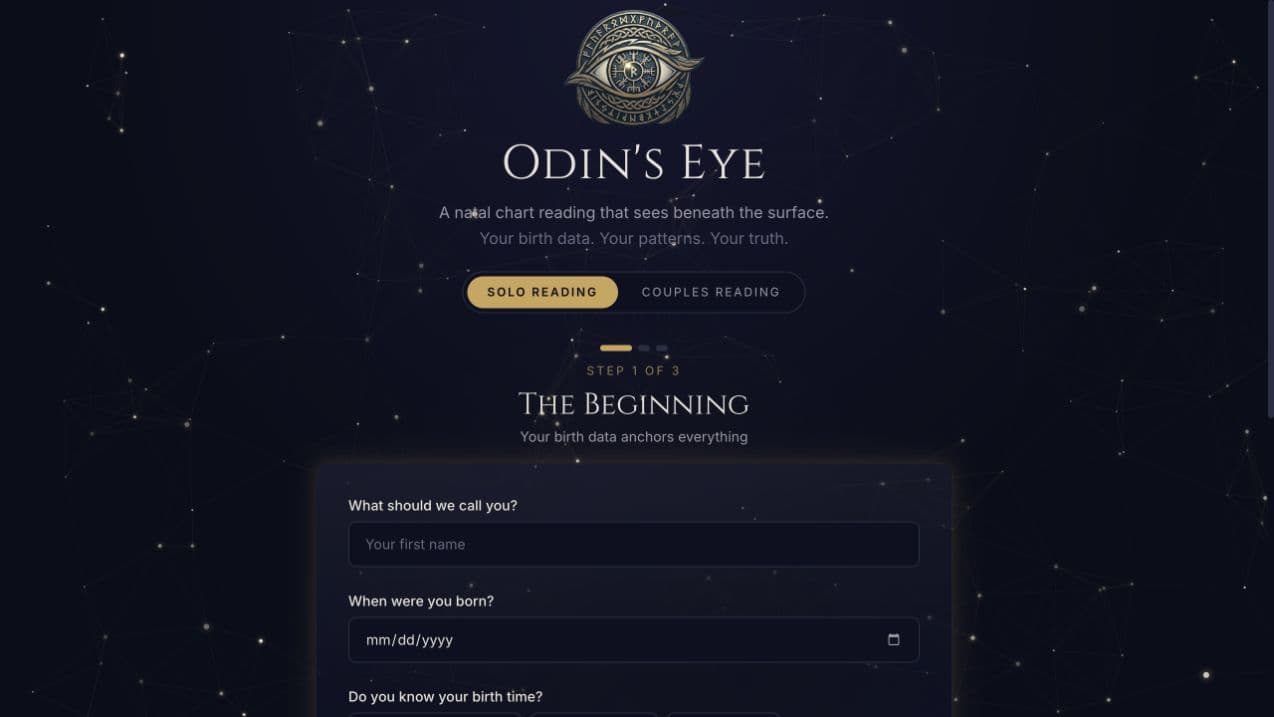 Odin's Eye app showing its solo and couples reading options and the beginning of the birth-data questionnaire.