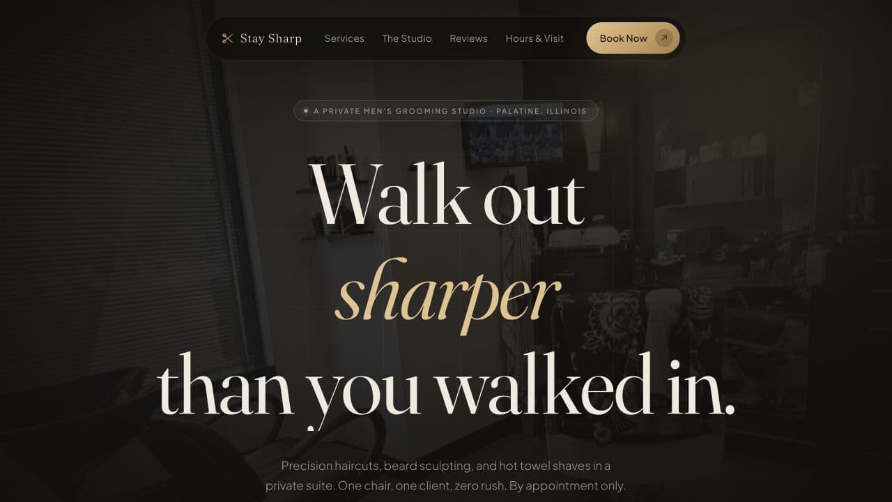 Stay Sharp Grooming website with editorial typography, warm gold accents, and a prominent booking link.